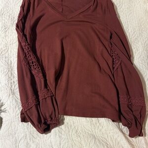 Maurices V-Neck Lace Sleeve Top - Dark Red